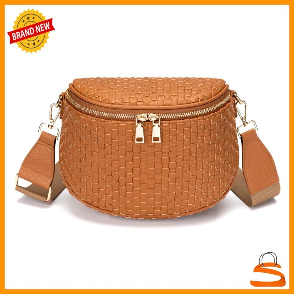 Woven Vegan Leather Crossbody Bag with Adjustable Strap and Zipper Pockets